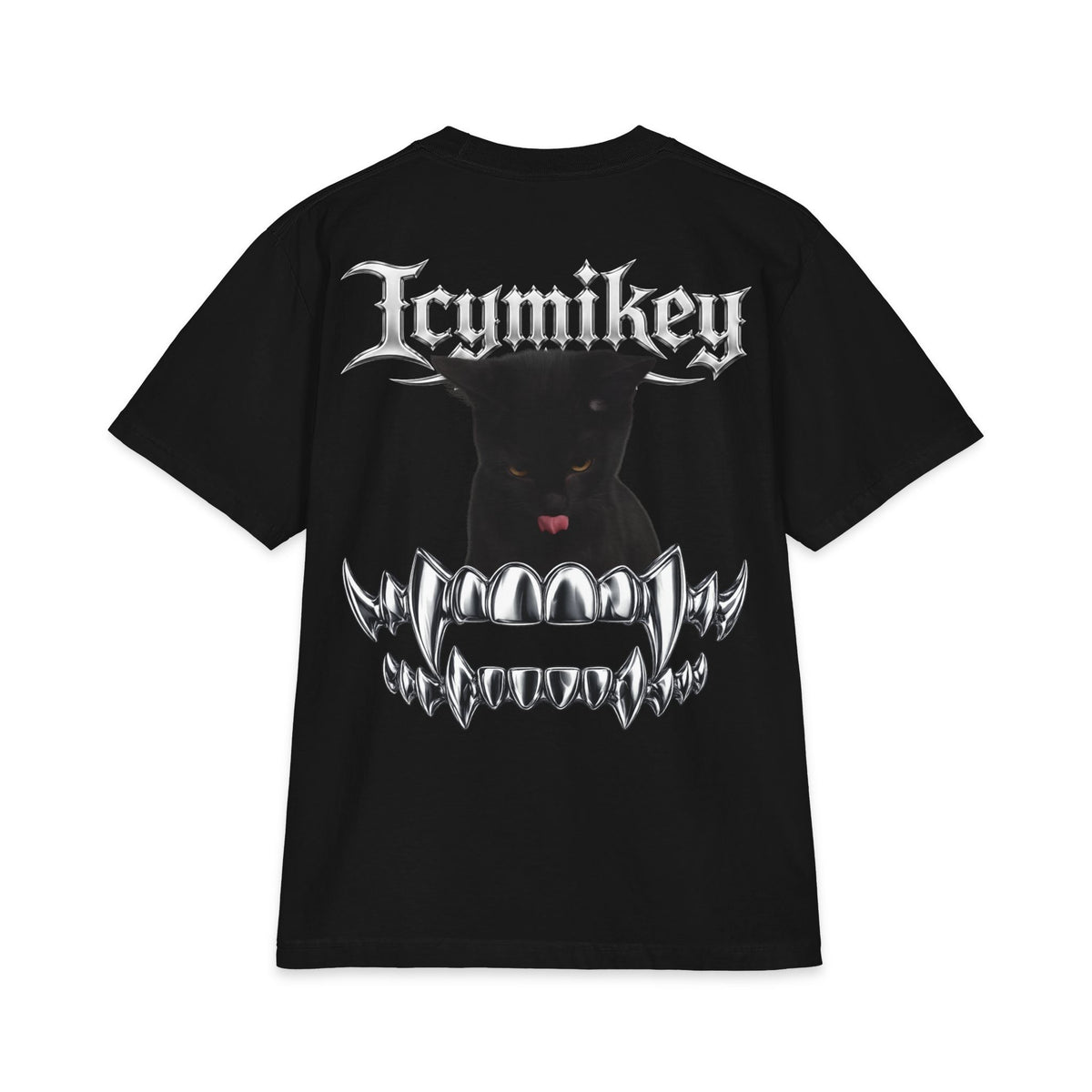 IcyMikey "BOO" Graphic Tee — Black Cat & Metallic Fang Back Print
