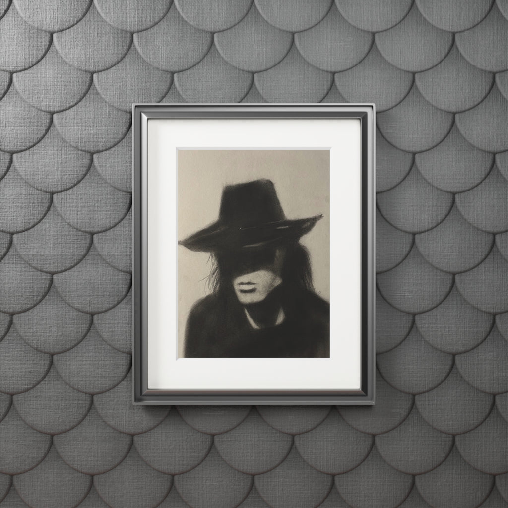 "COWBOY" Charcoal Portrait Print with Passepartout — Moody Hat Silhouette Fine Art