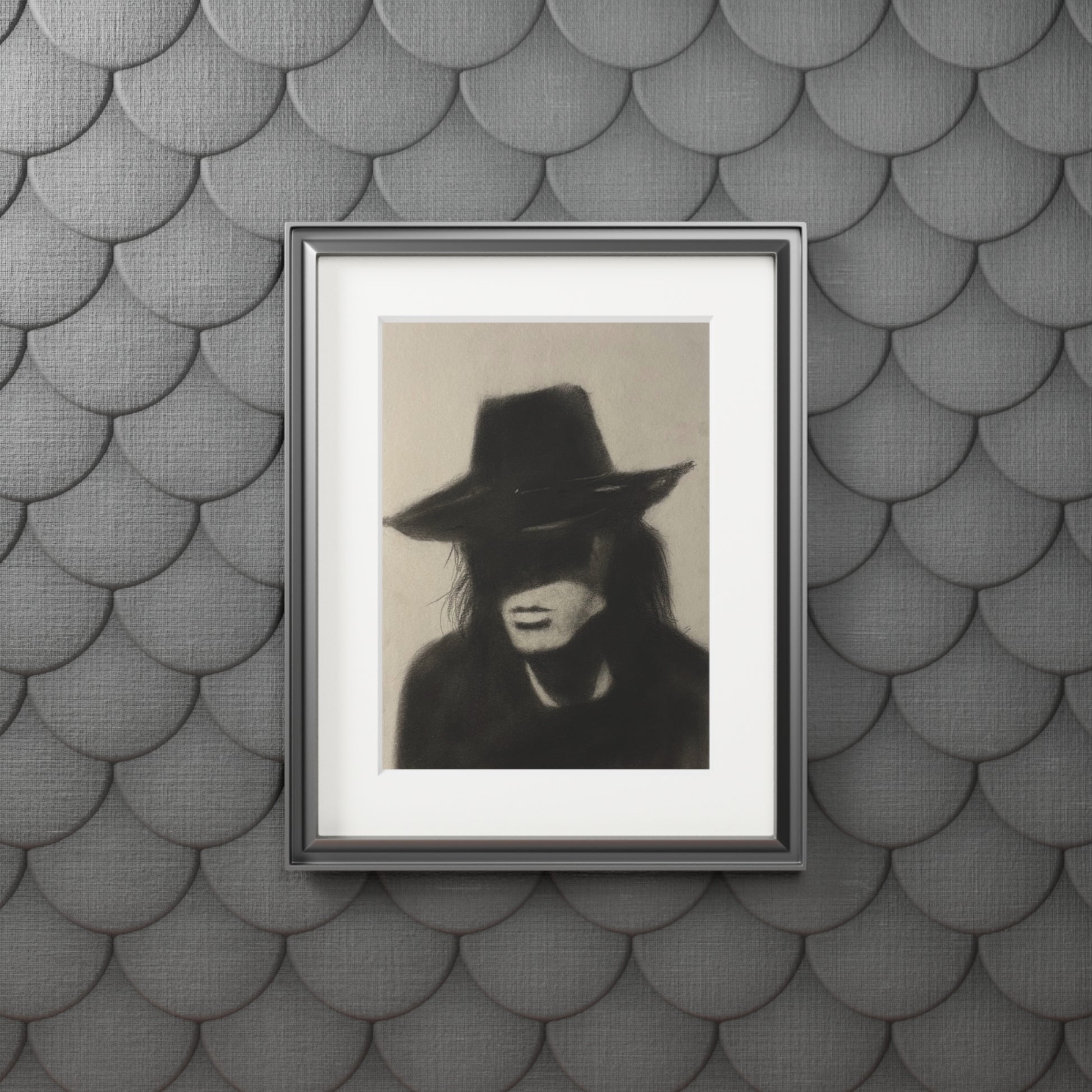 "COWBOY" Charcoal Portrait Print with Passepartout — Moody Hat Silhouette Fine Art