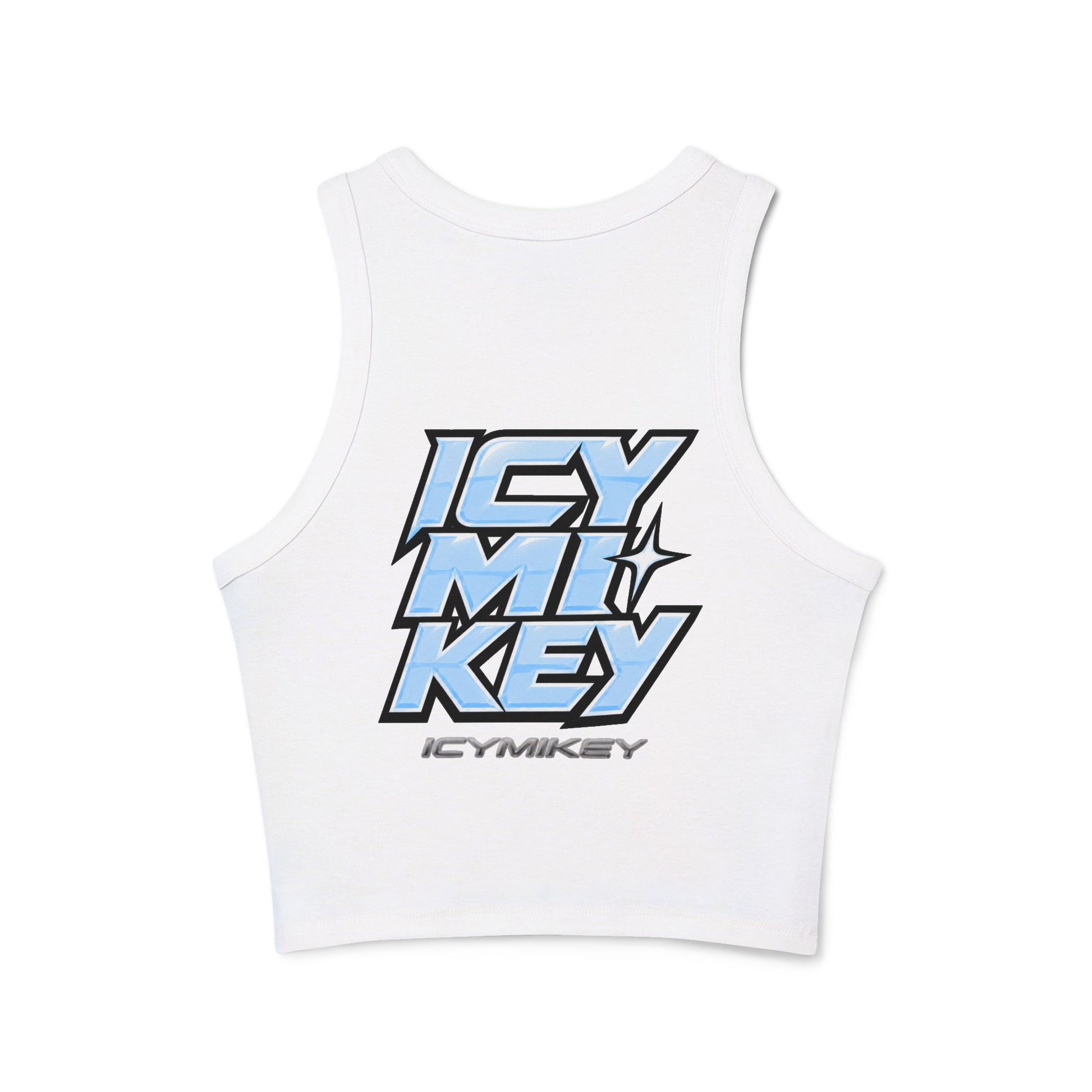 Icy Mikey "POP" Graphic Racer Tank — Women's White Micro Rib Crop Tank