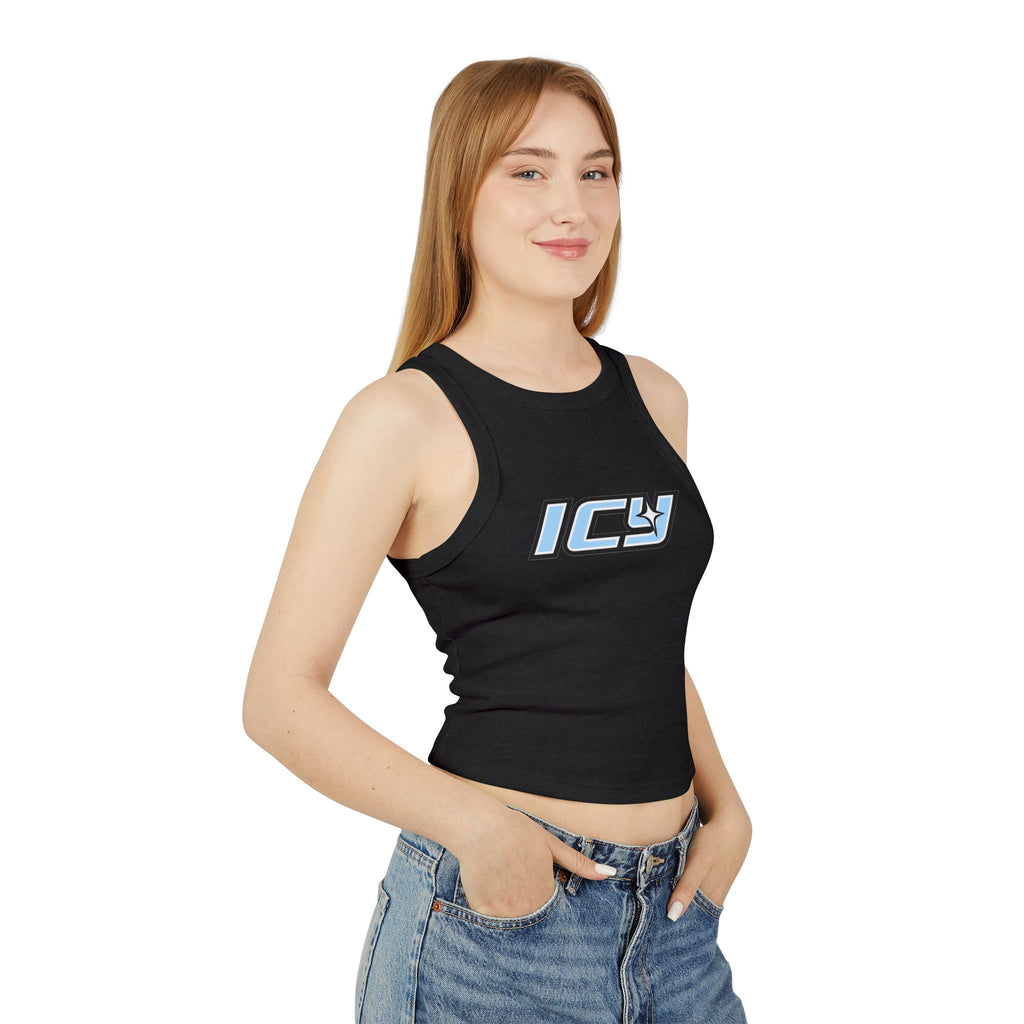 Icy Mikey "POP" Graphic Racer Tank — Women's White Micro Rib Crop Tank