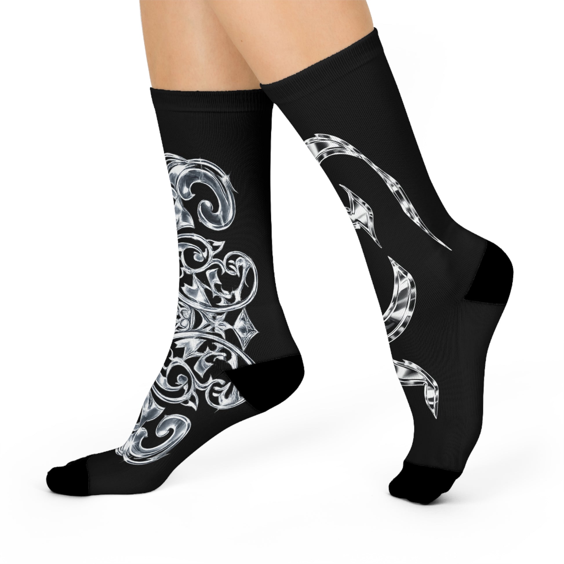 "ICY" VOL.1 Cushioned Crew Socks — Black Silver Baroque Fleur Pattern