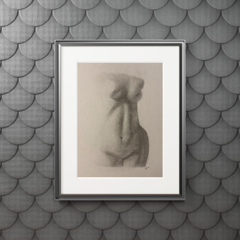 Charcoal Nude Torso Fine Art Print with Passepartout — Figure Study Wall Art