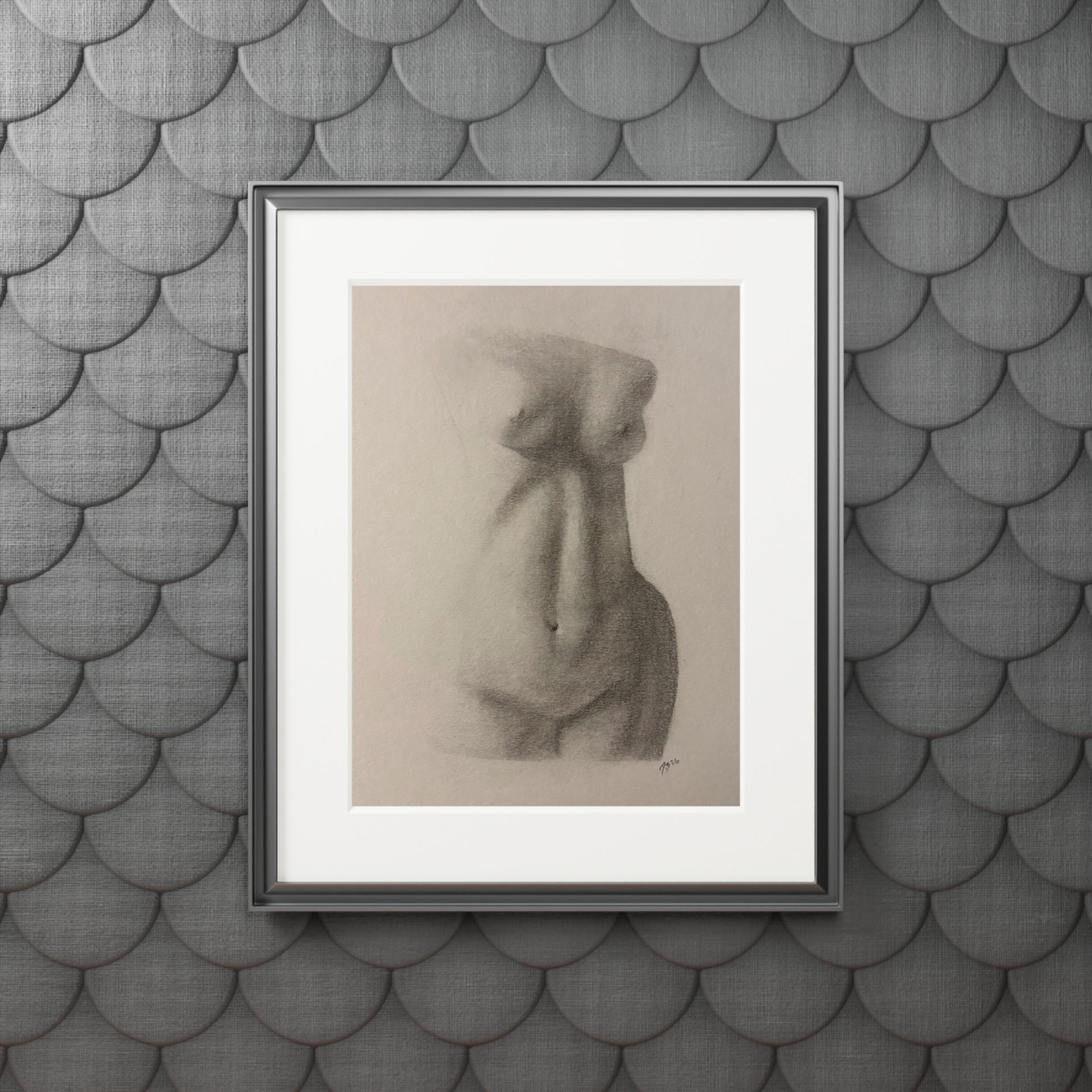 Charcoal Nude Torso Fine Art Print with Passepartout — Figure Study Wall Art