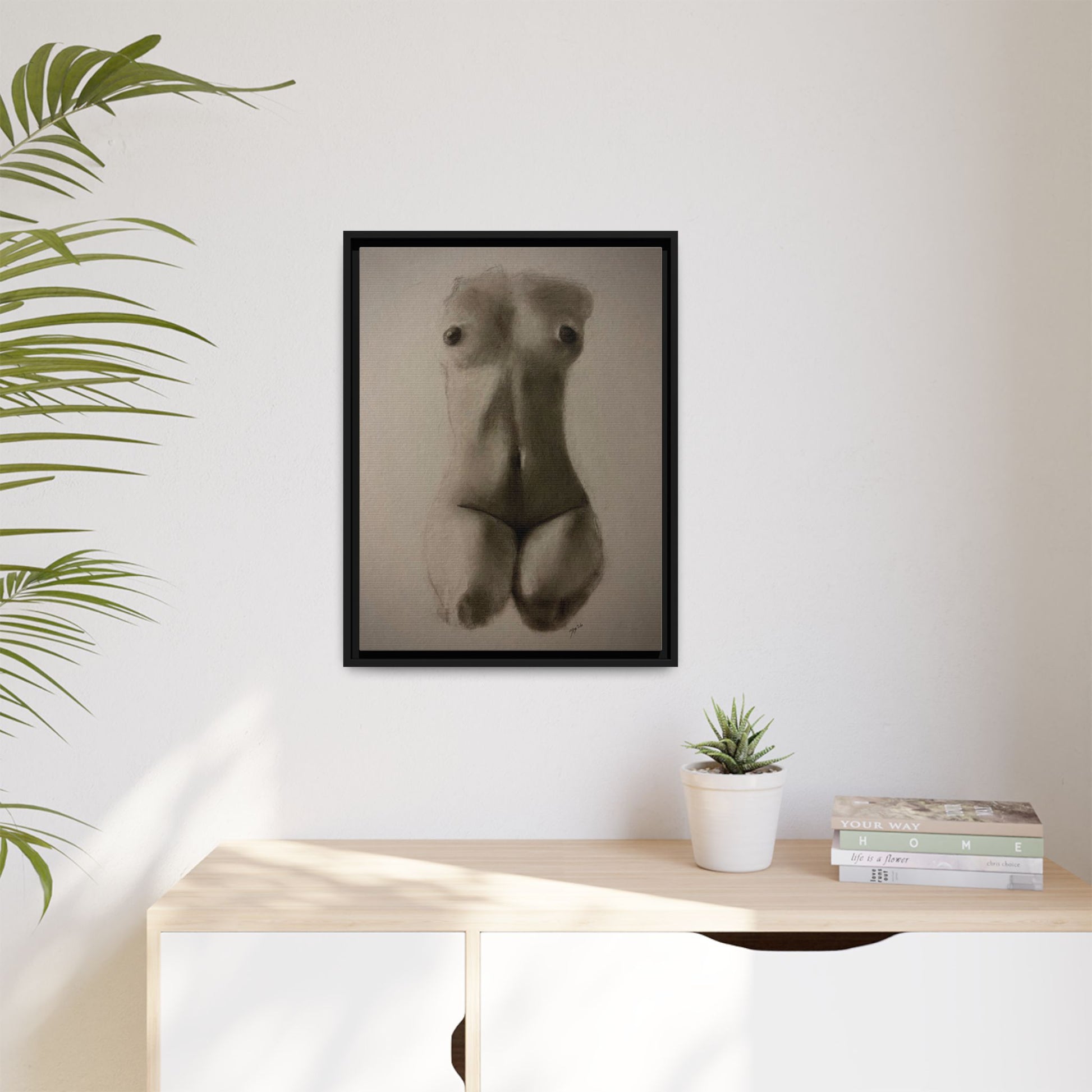 "SUNDOWN" Framed Matte Canvas – Charcoal Nude Torso Art Print