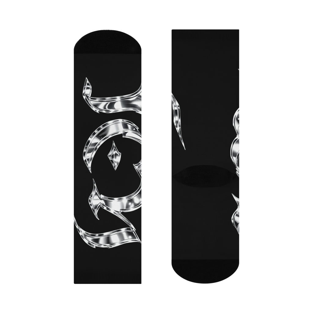 "ICY" VOL.1 Cushioned Crew Socks — Black Silver Baroque Fleur Pattern