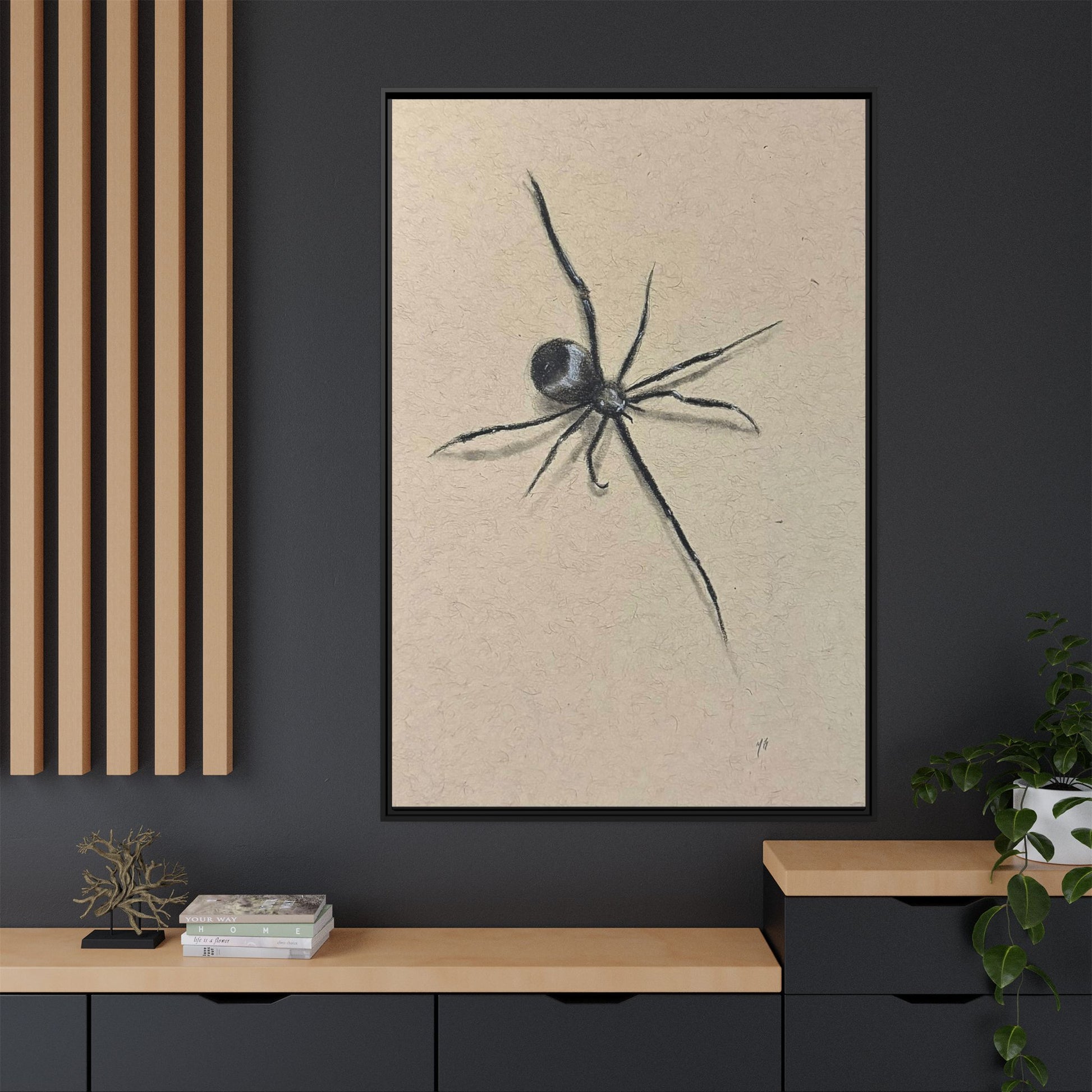 "ICY" SPIDER Framed Canvas Art — Minimal Black Spider Sketch