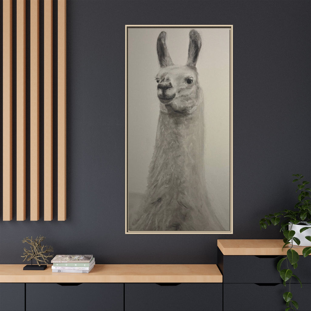 Framed Llama Portrait Canvas — Neutral Monochrome Animal Wall Art