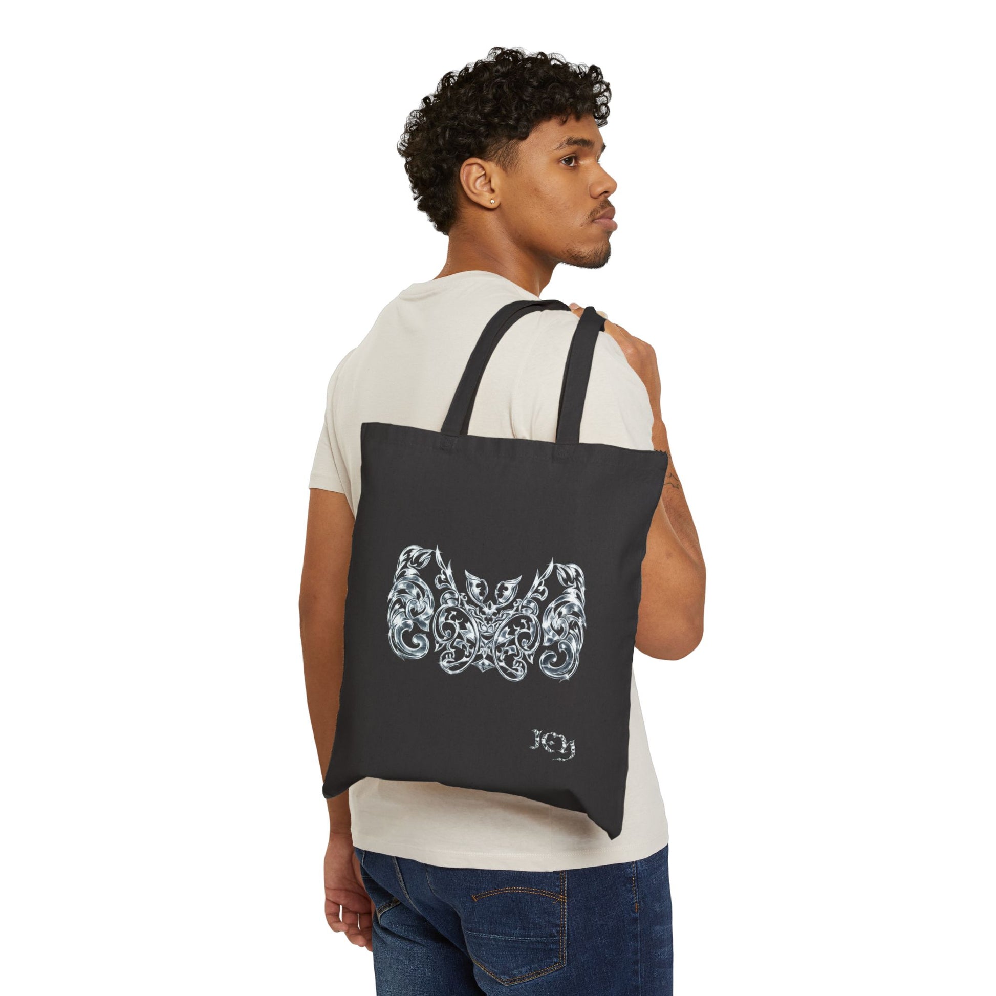 "ICY" Canvas Tote Bag — Ornate Silver Bat Design