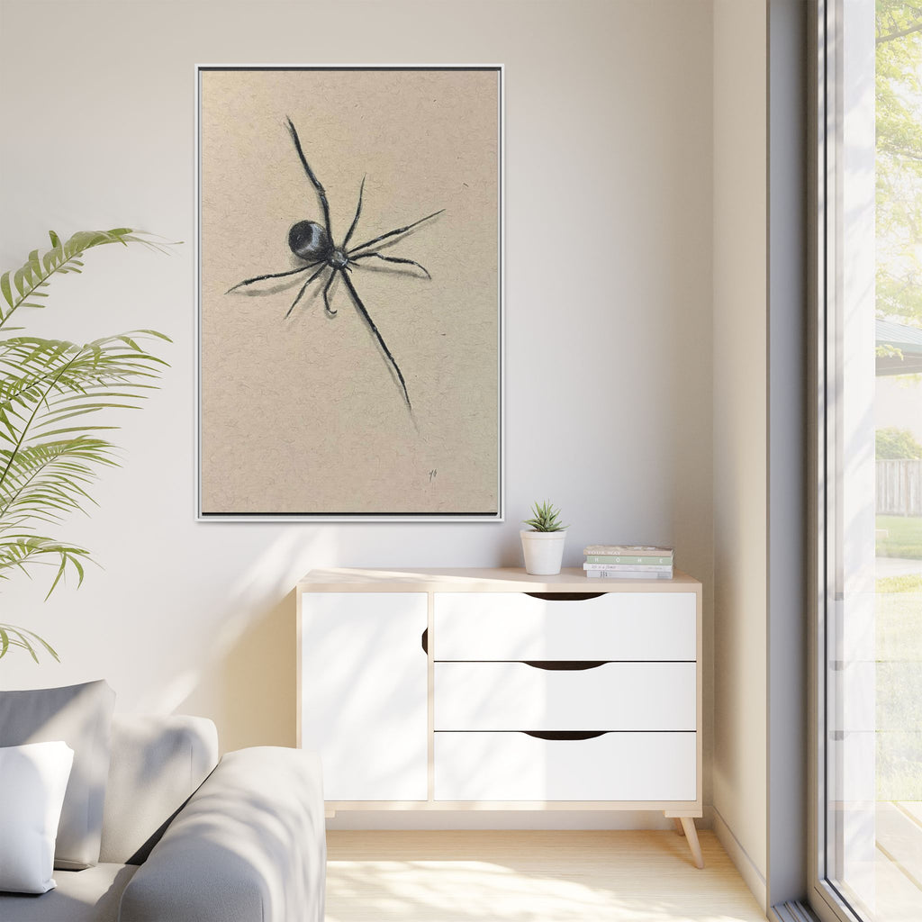 "ICY" SPIDER Framed Canvas Art — Minimal Black Spider Sketch