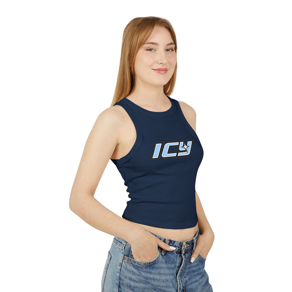 Icy Mikey "POP" Graphic Racer Tank — Women's White Micro Rib Crop Tank