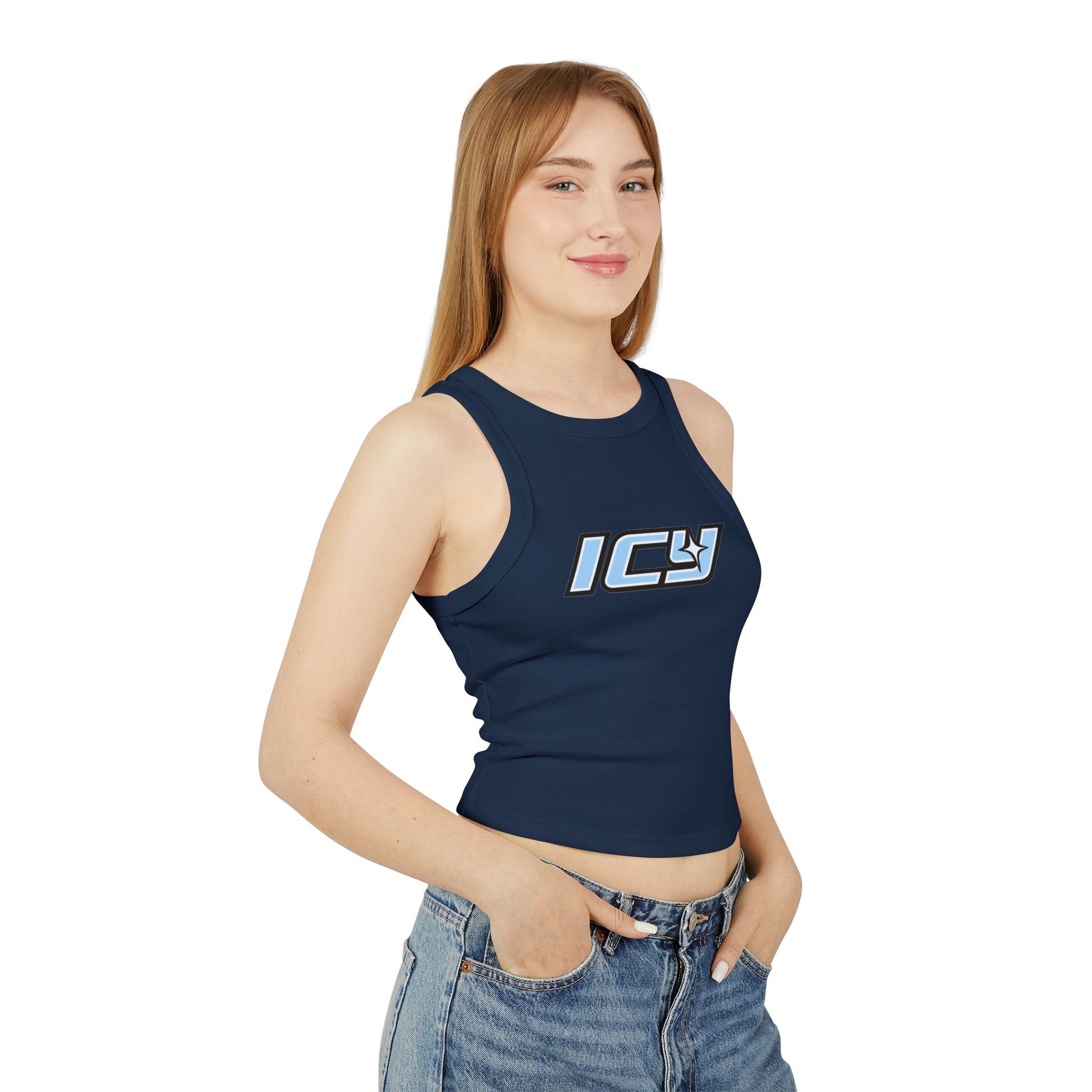 Icy Mikey "POP" Graphic Racer Tank — Women's White Micro Rib Crop Tank