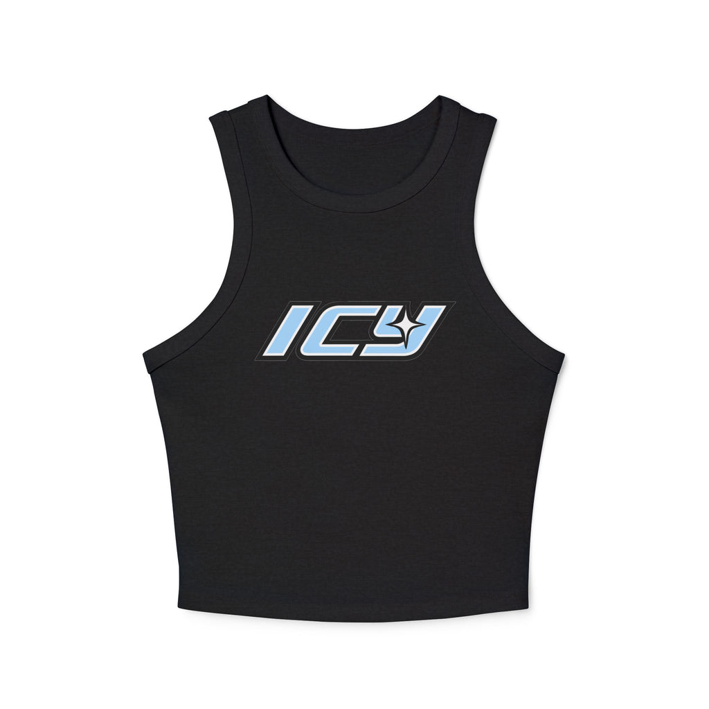 Icy Mikey "POP" Graphic Racer Tank — Women's White Micro Rib Crop Tank
