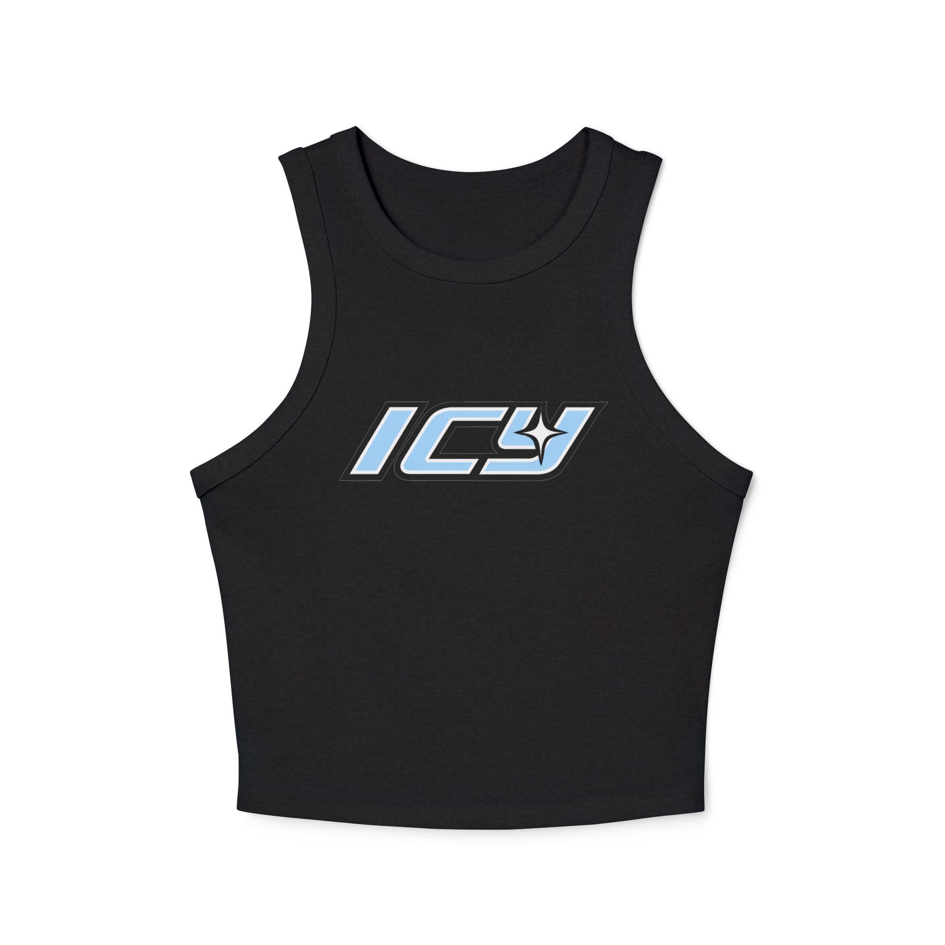 Icy Mikey "POP" Graphic Racer Tank — Women's White Micro Rib Crop Tank