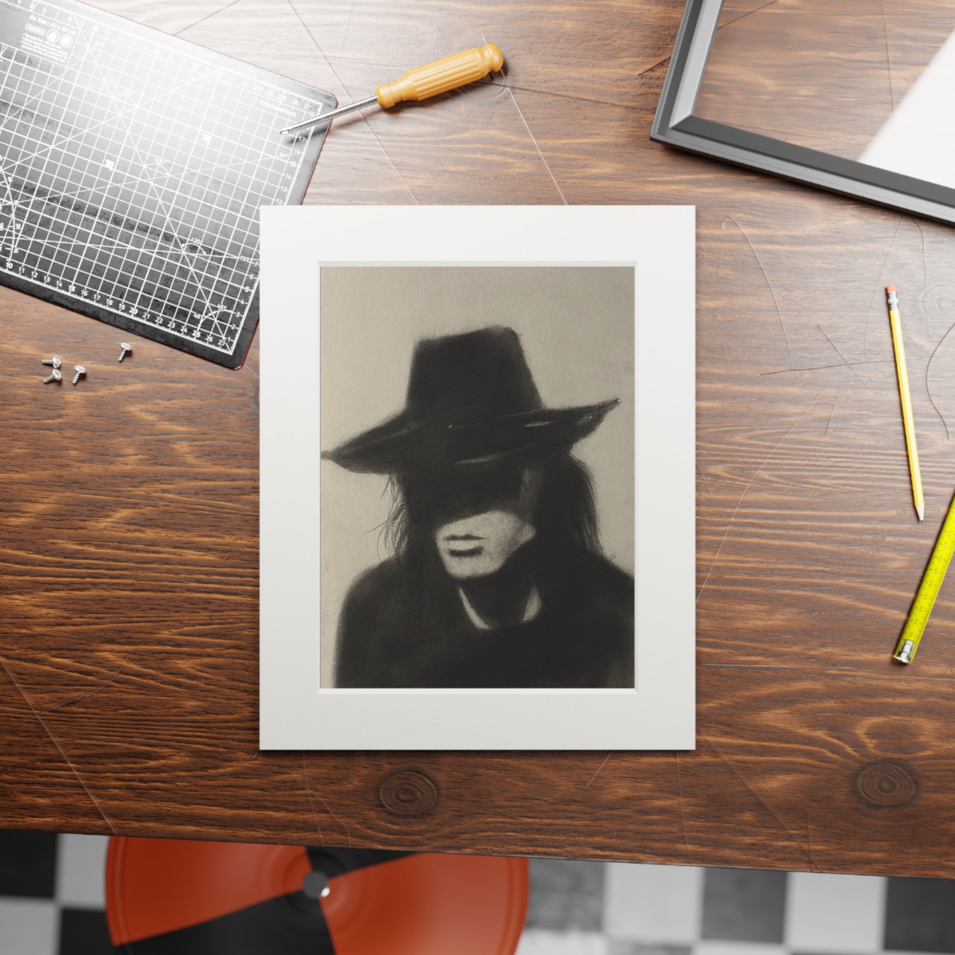 "COWBOY" Charcoal Portrait Print with Passepartout — Moody Hat Silhouette Fine Art