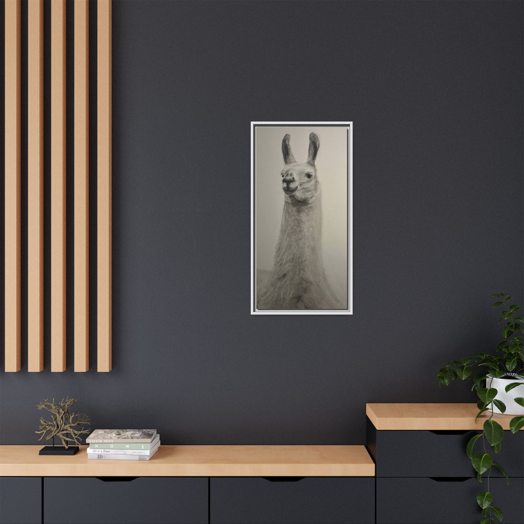 Framed Llama Portrait Canvas — Neutral Monochrome Animal Wall Art