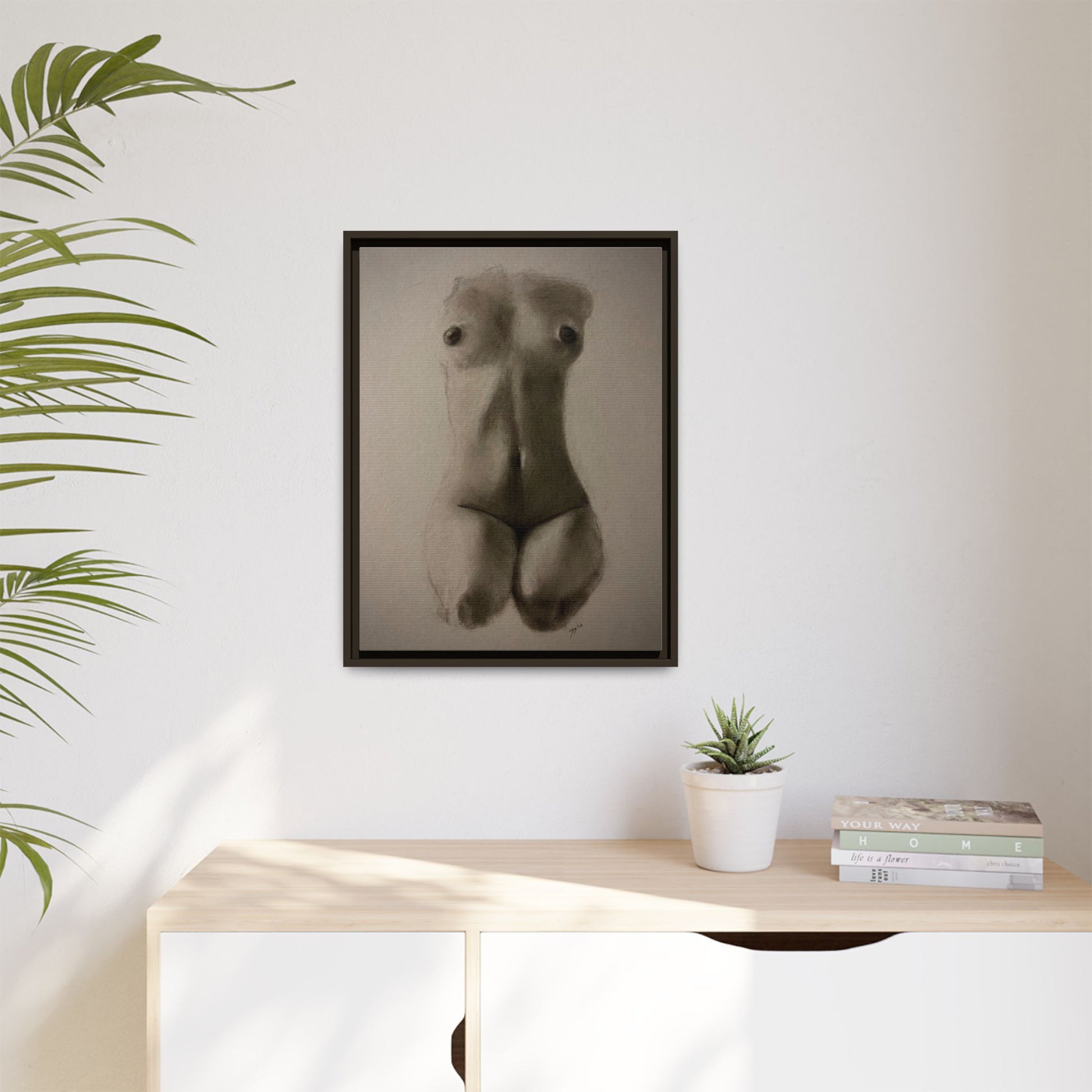 "SUNDOWN" Framed Matte Canvas – Charcoal Nude Torso Art Print