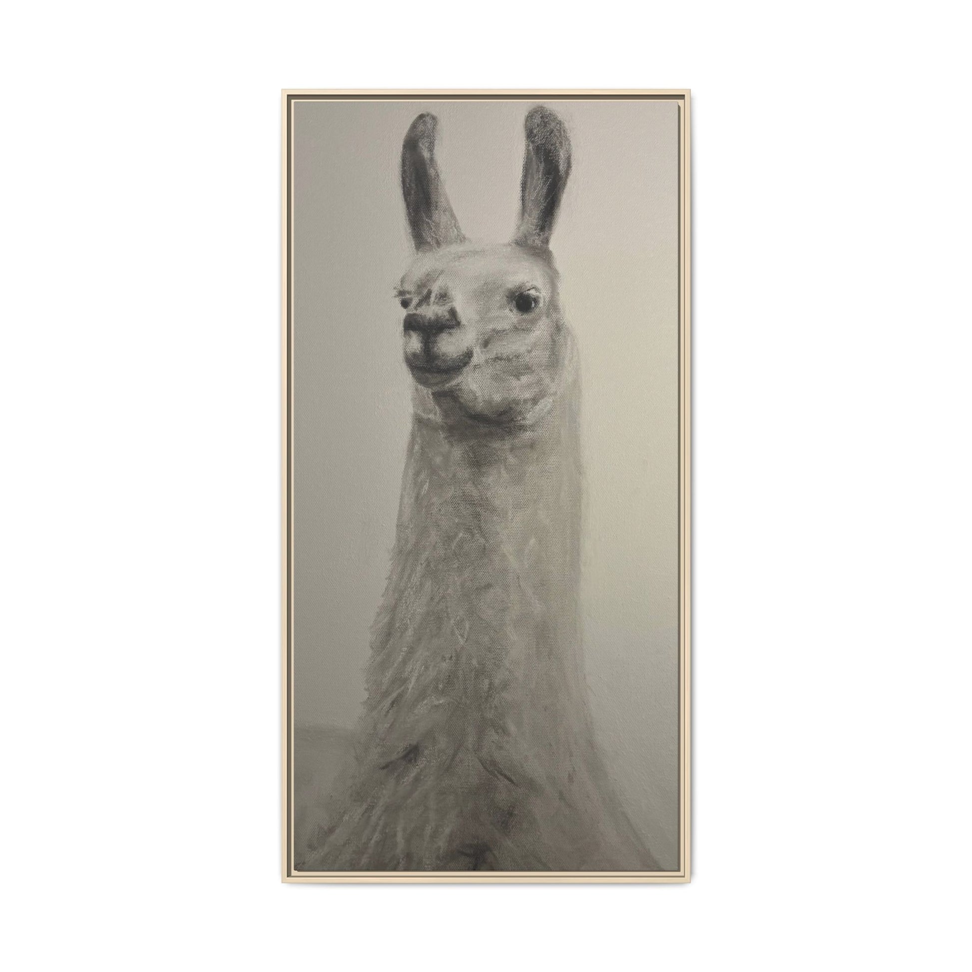 Framed Llama Portrait Canvas — Neutral Monochrome Animal Wall Art