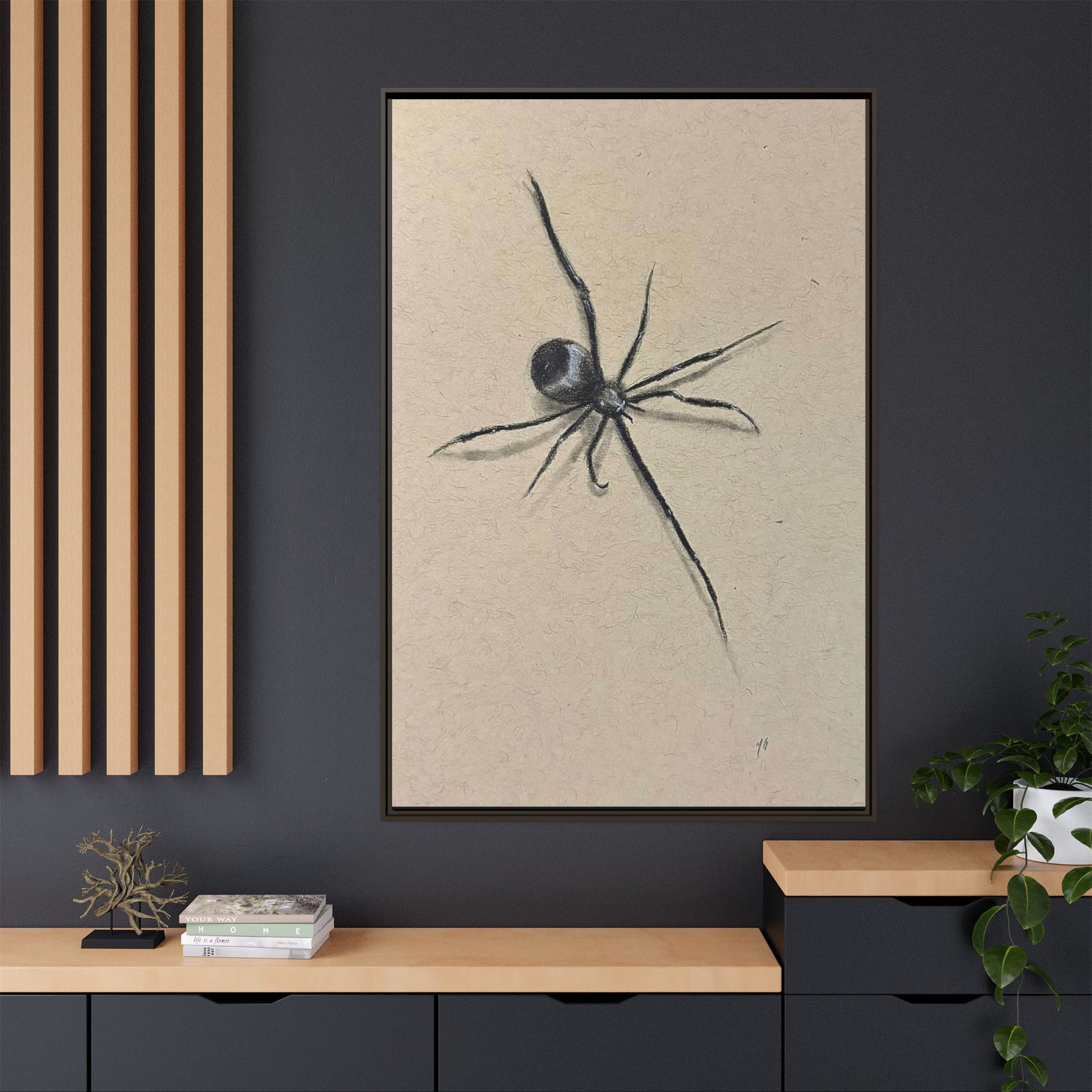 "ICY" SPIDER Framed Canvas Art — Minimal Black Spider Sketch