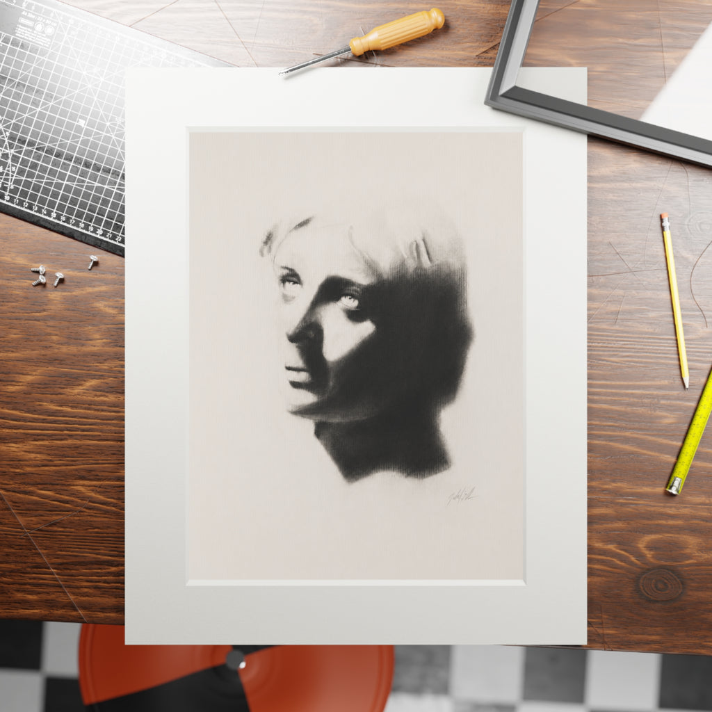 "SHADOW" Fine Art Print with White Passepartout — Minimalist Portrait Charcoal Reproduction