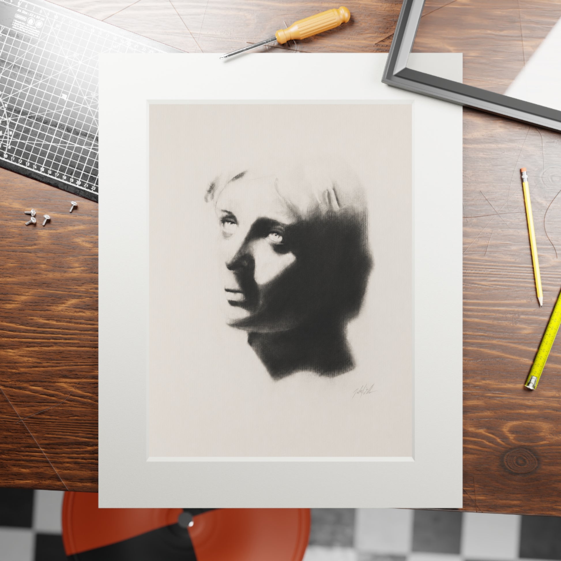 "SHADOW" Fine Art Print with White Passepartout — Minimalist Portrait Charcoal Reproduction