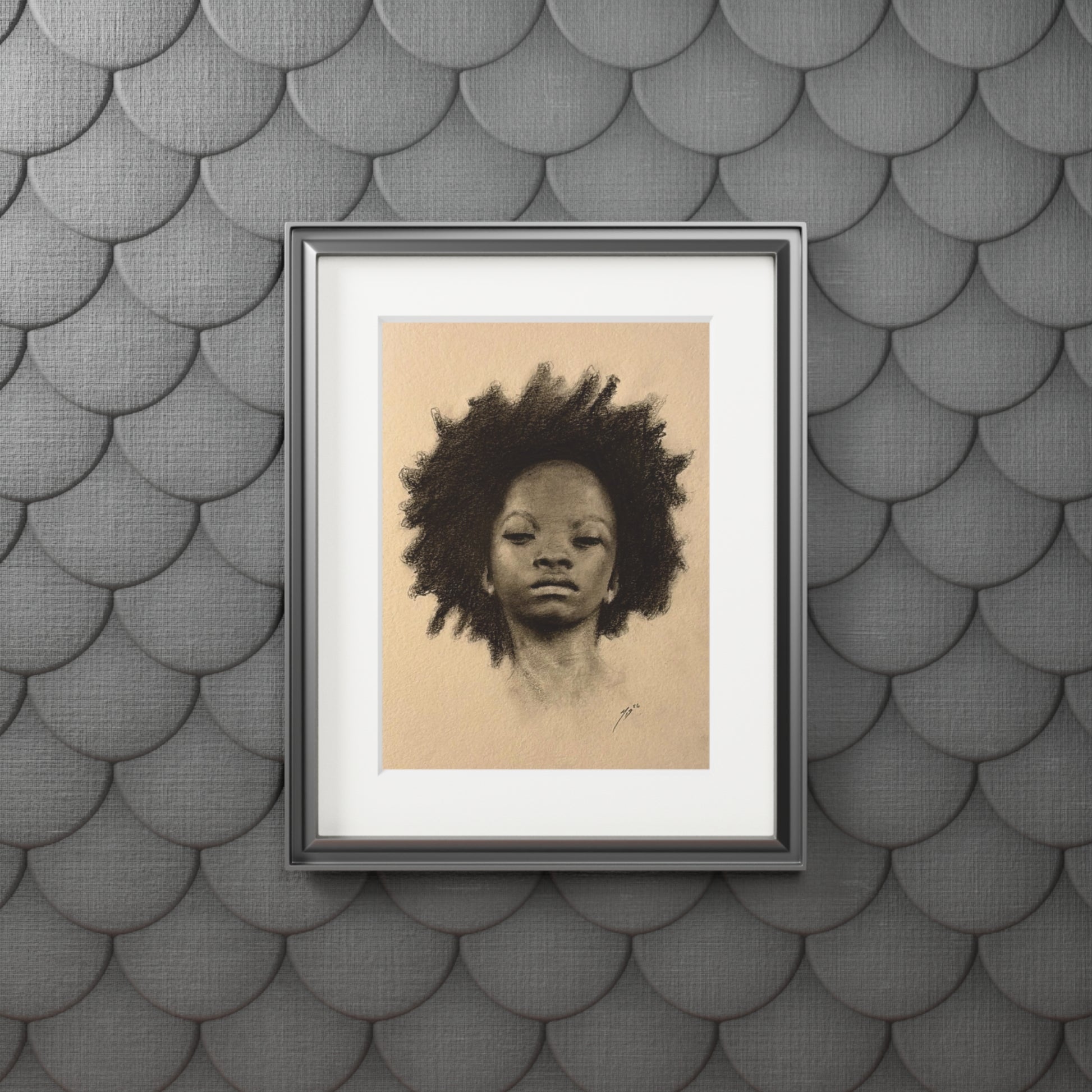"AFRO" Fine Art Print — Charcoal Portrait with Passepartout Frame