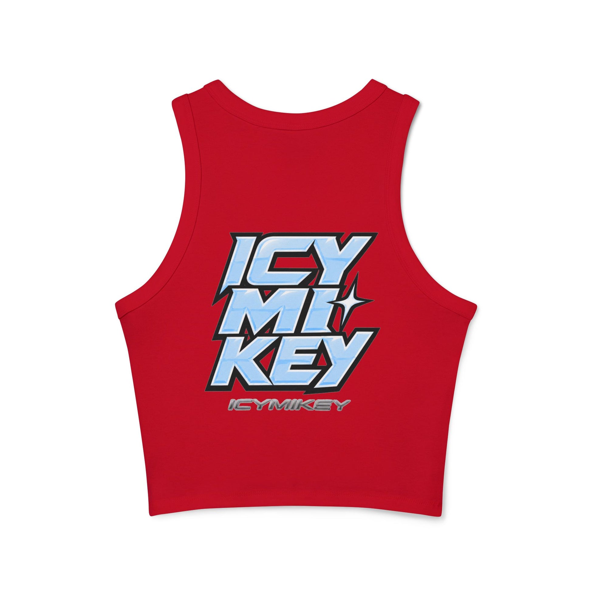 Icy Mikey "POP" Graphic Racer Tank — Women's White Micro Rib Crop Tank