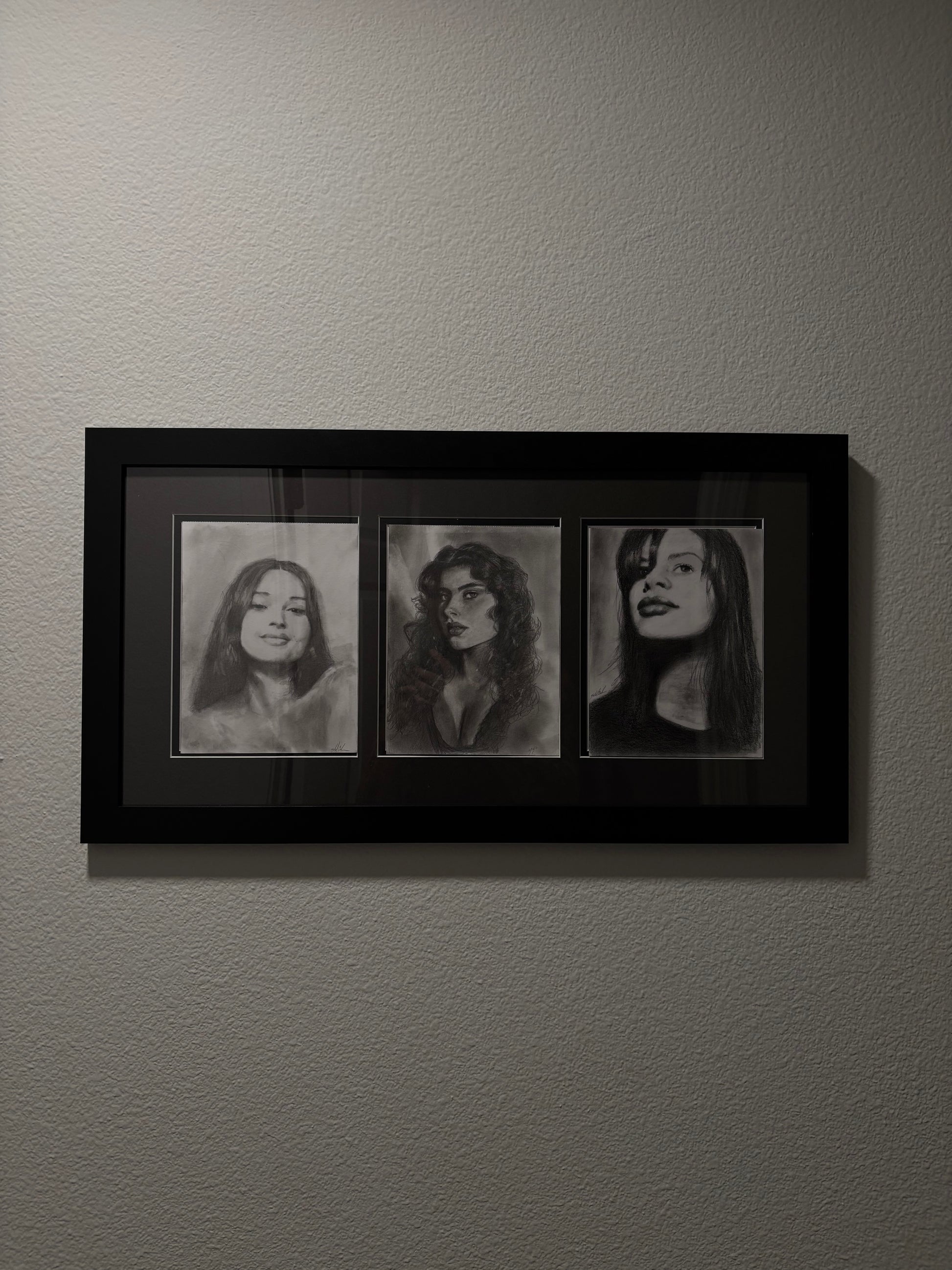 Original 3-piece charcoal portrait collection – one-of-one framed wall set